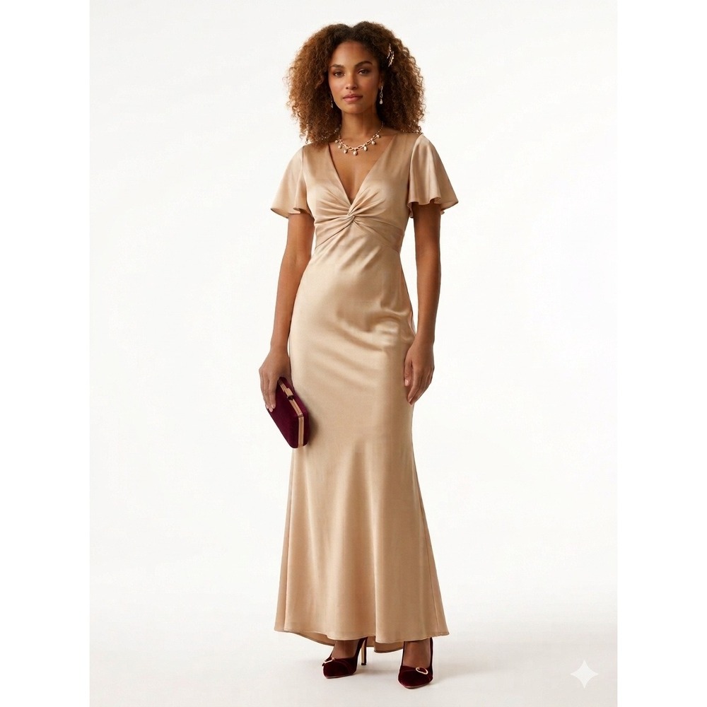 Show Me Your Mumu Rome Lux Satin Gown Champagne Gold V-Neck Maxi Dress XS NEW